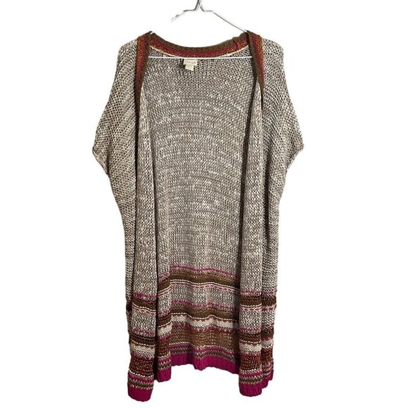 Chico's Sweaters - Chicos Knit Sweater XL Tan Open Weave Striped Metallic Boho Western Neutral Chic